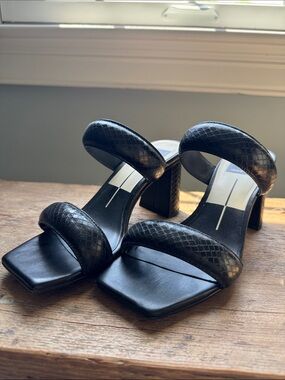 Dolce Vita Black Snakeskin-Texture Double Strap Block Heels